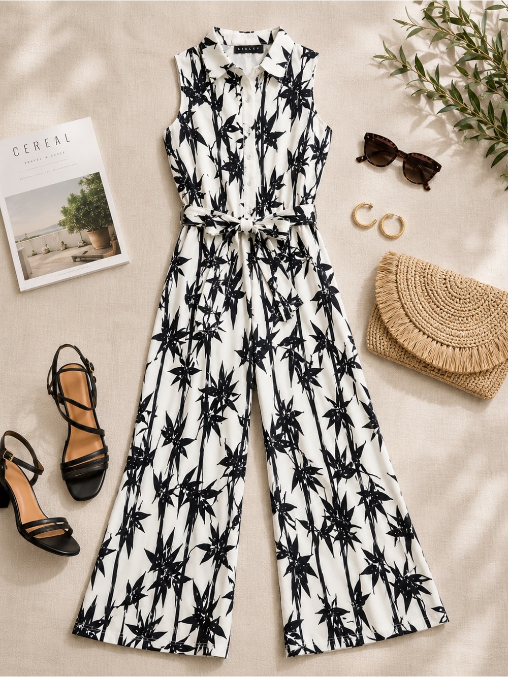 Sisley Black‎ White Botanical Print Wide Leg Jumpsuit Size 4 Belted